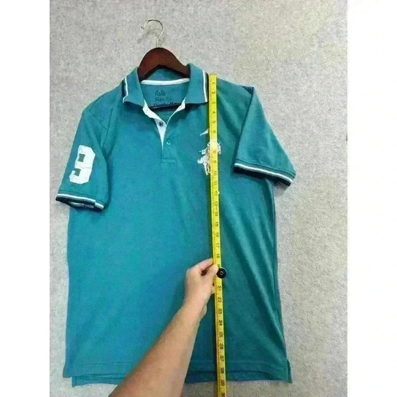 Men’s Polo Franky Max Shirt Big Pony Number 9 Size XL Teal White Ringer Collared - Picture 7 of 12